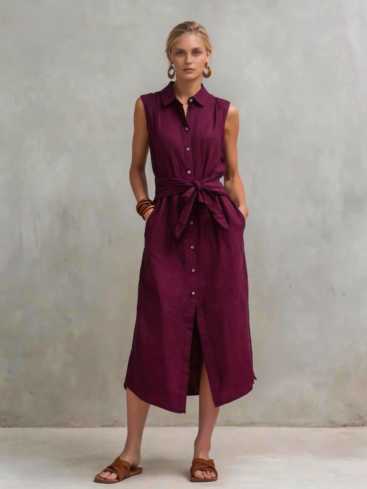 Casual Cotton-Linen Bag-Style Solid-Colored Sleeveless Dress 