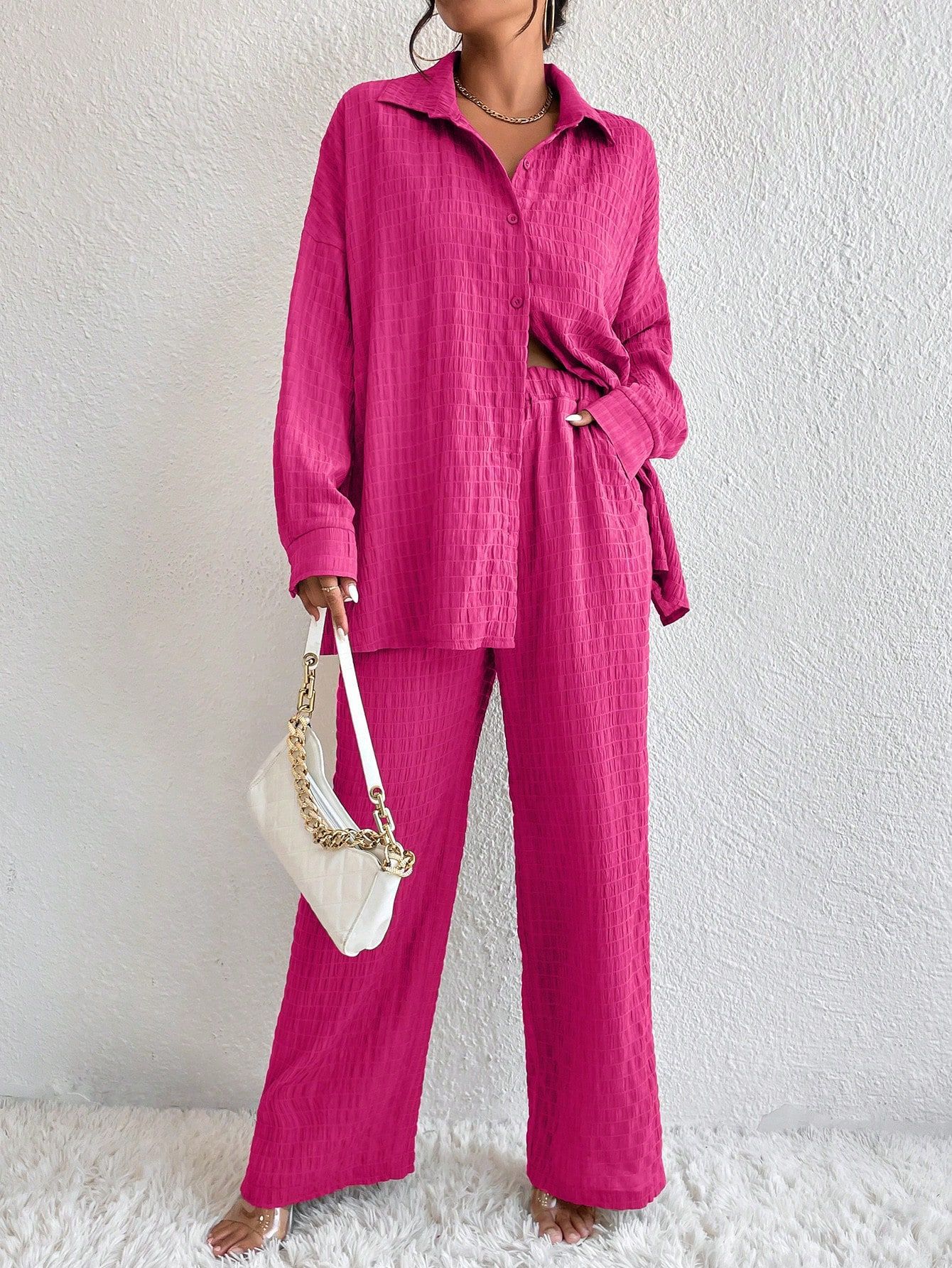 Summer New European And American Style Pleated Long-Sleeve Lapel Loose Two-Piece Set 