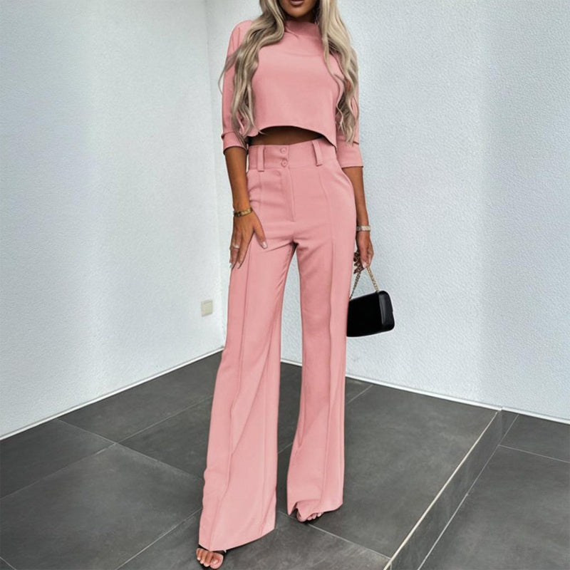 Women's Elegant Solid Color Half Sleeve Short Top With Straight Leg Pants Two-Piece Office Wear Suit With Pockets CJ US