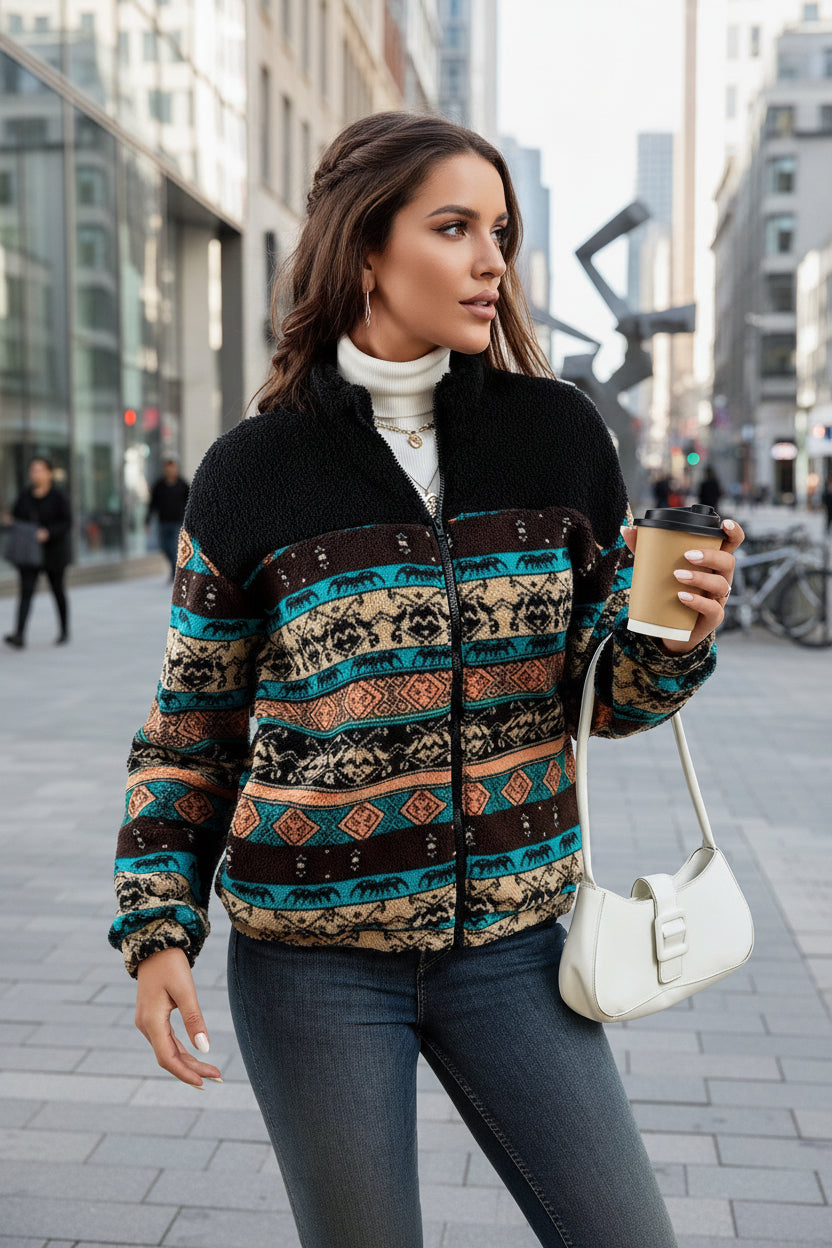 Double-sided Plush Stand-up Collar Zip-up Cardigan For Fall And Winter 