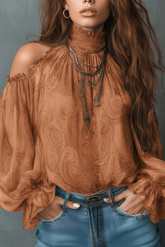 Retro Cashew-print High-neck Off-shoulder Chiffon Blouse 