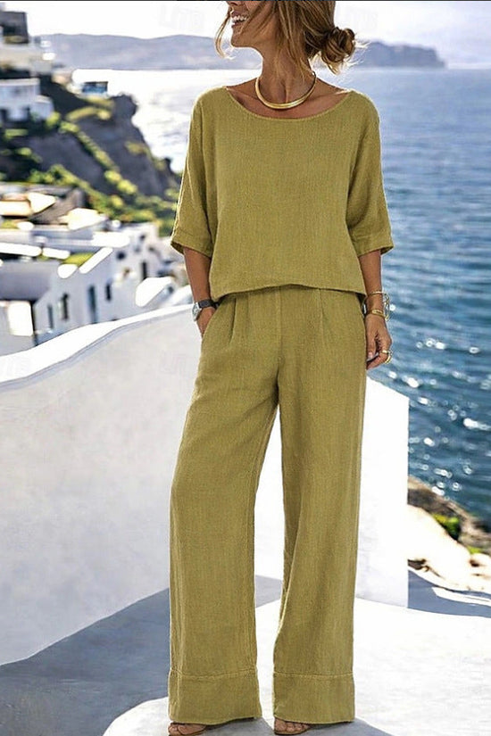 Cotton-Linen Minimalist Elegant Resort Short-Sleeve Pants Set 