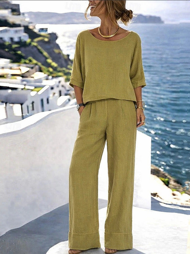 Cotton-Linen Minimalist Elegant Resort Short-Sleeve Pants Set 