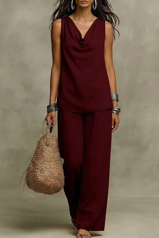 Womens Slash-Neck Sleeveless Tank Top And Casual Pants Set 