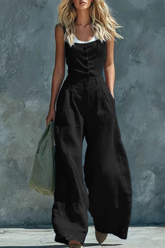 Womens Retro High-Waisted Wide-Leg Jumpsuit 