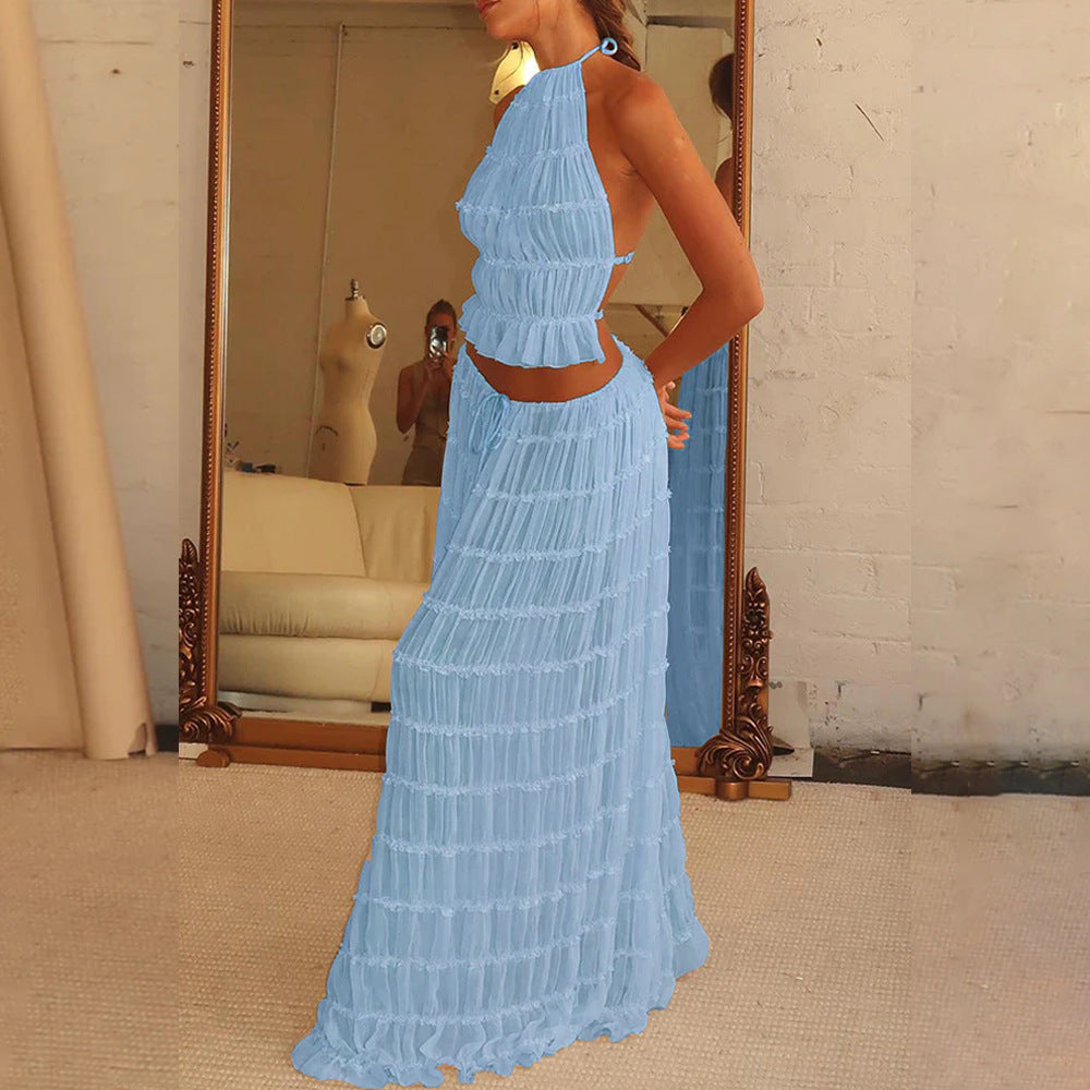 2pcs Women's Dress Suit Sexy Sleeveless Backless Cropped Halter Top And Pleated Long Skirt Beach Clothing FitiqueFit