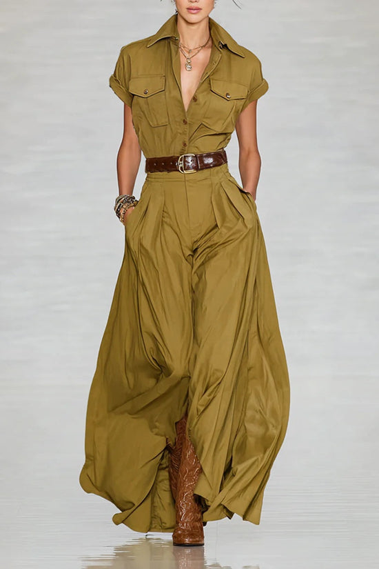 Short-sleeve Shirt-style Long Dress With Pockets 