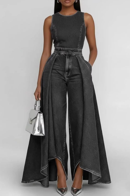 Crew-neck Sleeveless Casual Loose-fit Wide-leg Denim Jumpsuit 
