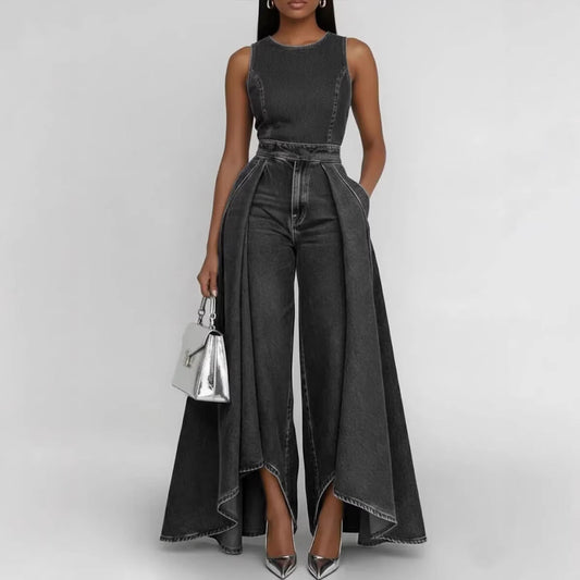 Crew-neck Sleeveless Casual Loose-fit Wide-leg Denim Jumpsuit 