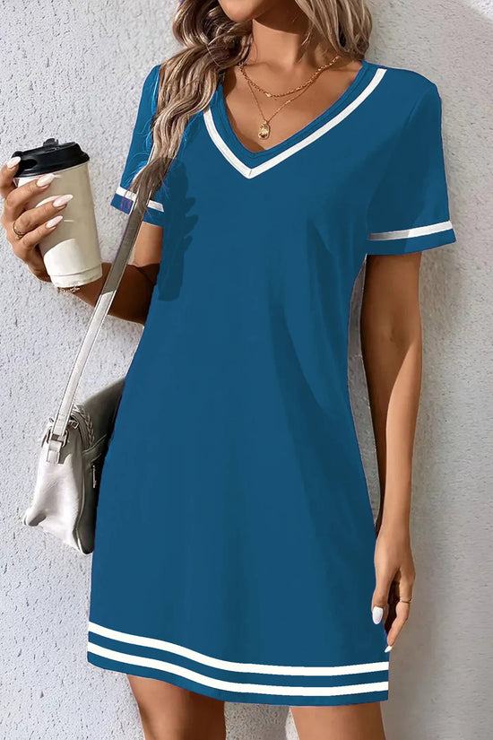 V-neck Fashionable And Elegant Contrast-color Short-sleeve Dress 
