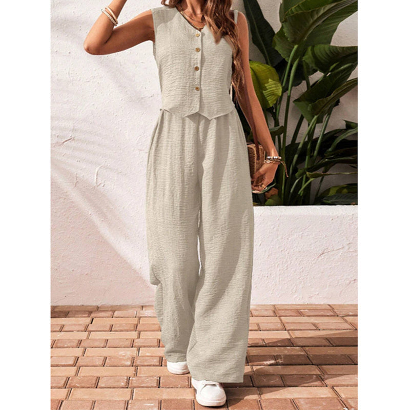 Womens Two Piece Outfits Summer Fashion Button V Neck Crop Vest Blazer And Wide Leg Pants Suit Matching Sets CJ US