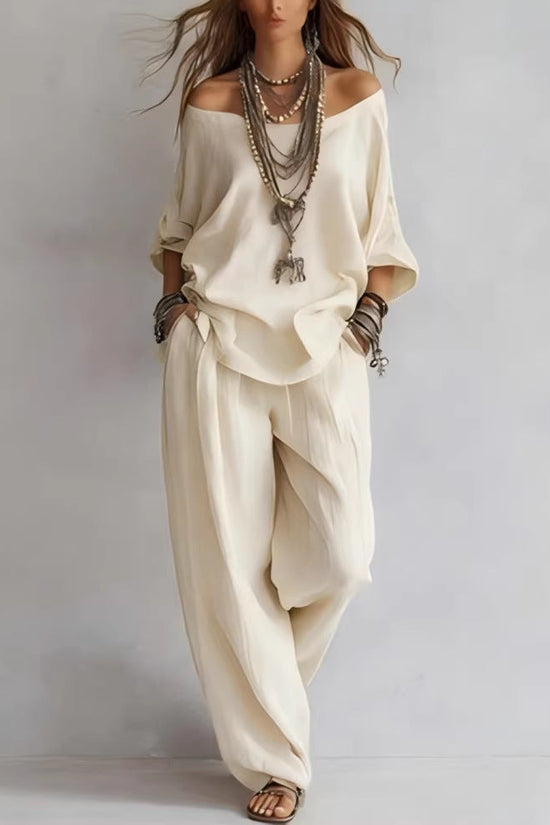 Off-Shoulder Cotton-Linen Wide-Leg Pants Set – 6 Colors, S–5XL 