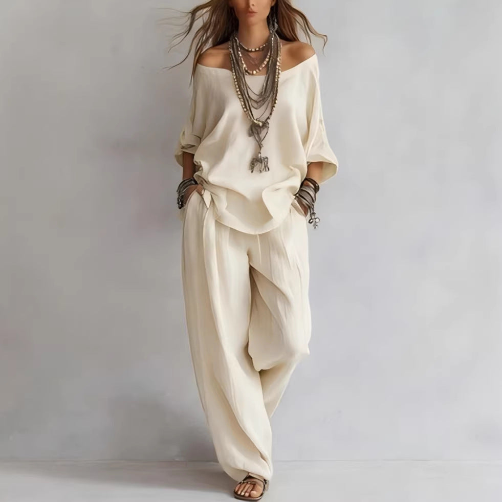 Off-Shoulder Cotton-Linen Wide-Leg Pants Set – 6 Colors, S–5XL 