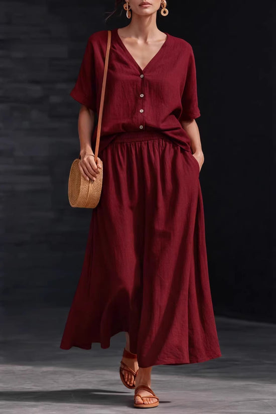 Cotton-linen V-neck Button-up Short-sleeve Top And Skirt Set 