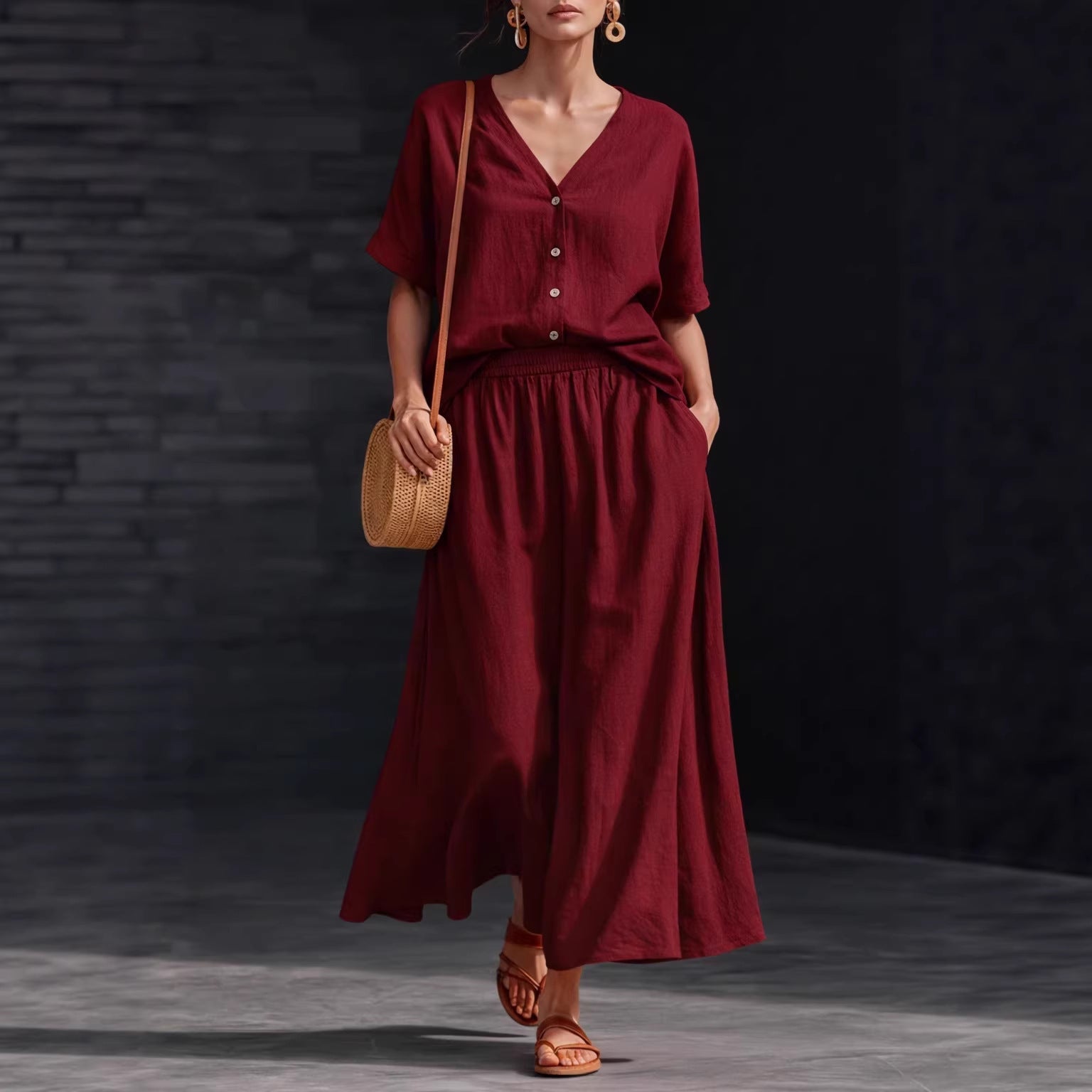 Cotton-linen V-neck Button-up Short-sleeve Top And Skirt Set 