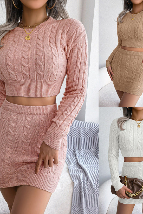 Casual Twisted Knit Crop Sweater And Bodycon Skirt Set CJ US