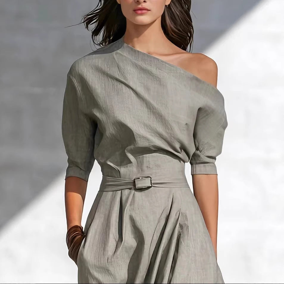 Slanted Shoulder Waist Long Dress 