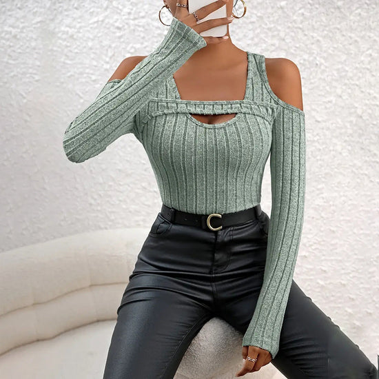 Women's Ribbed Long Sleeve Top Cut Out Front Detail Fitted Sexy Tee Casual Dressy T-Shirt Tops CJ US