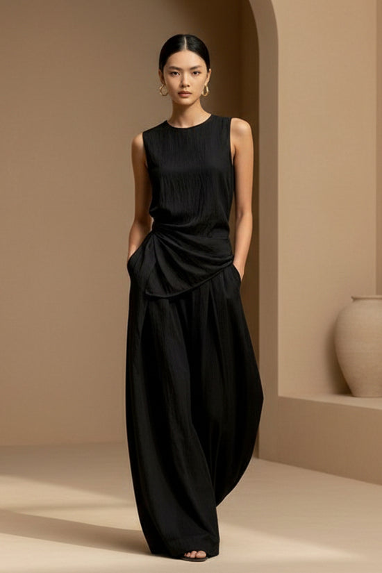 Womens Round-Neck Loose Sleeveless Top And High-Waist Pants Two-Piece Set 