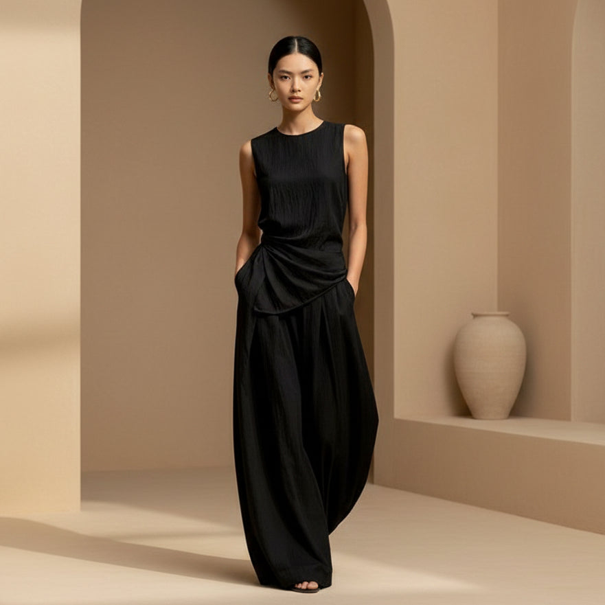 Womens Round-Neck Loose Sleeveless Top And High-Waist Pants Two-Piece Set 