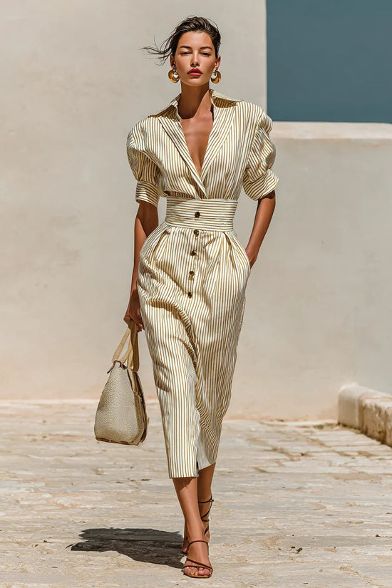 Commuter-style Striped Lace-up Dress 
