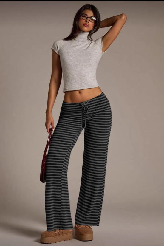 SpringSummer Womens Fashion Striped Casual All-Match Wide-Leg Flared Trousers 
