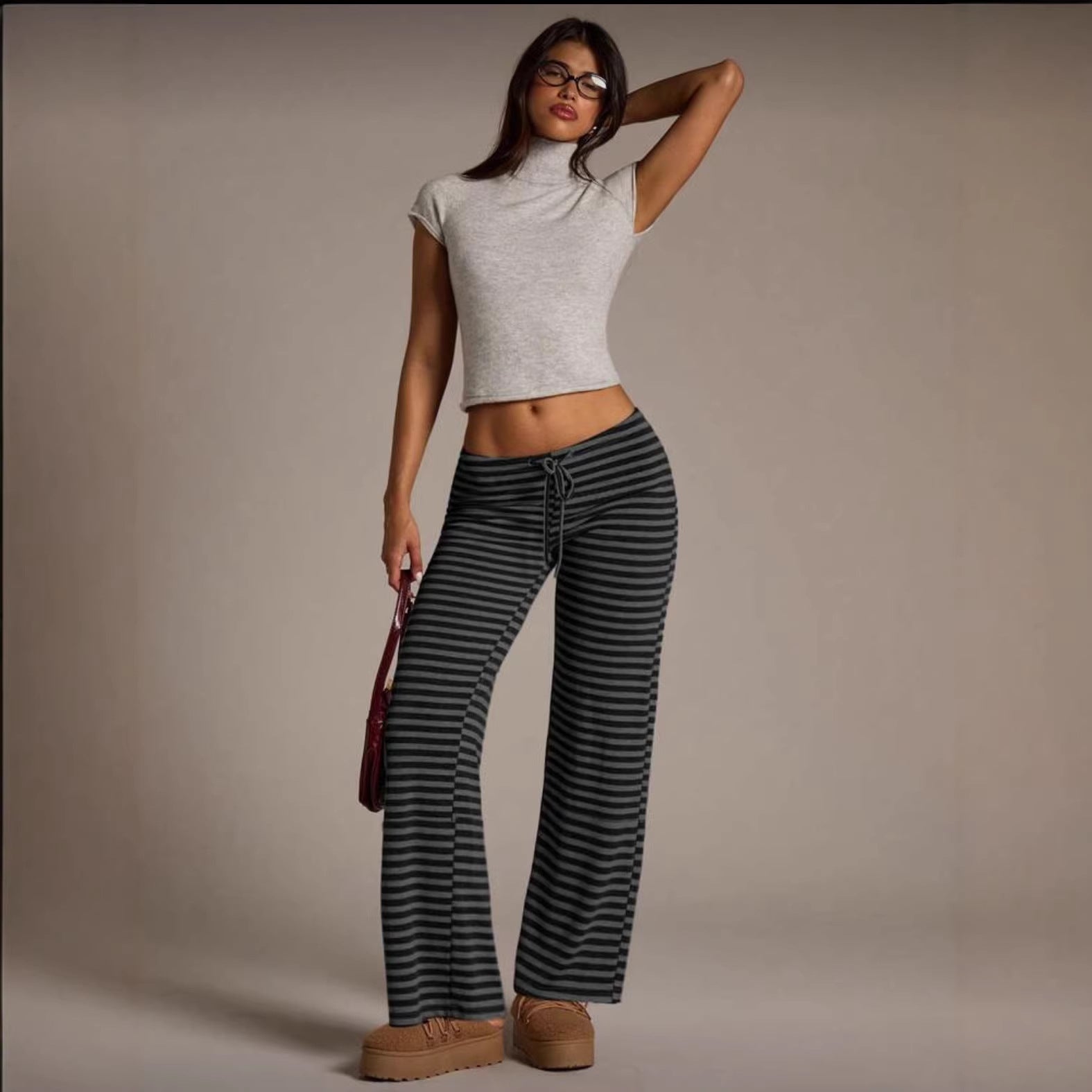 SpringSummer Womens Fashion Striped Casual All-Match Wide-Leg Flared Trousers 