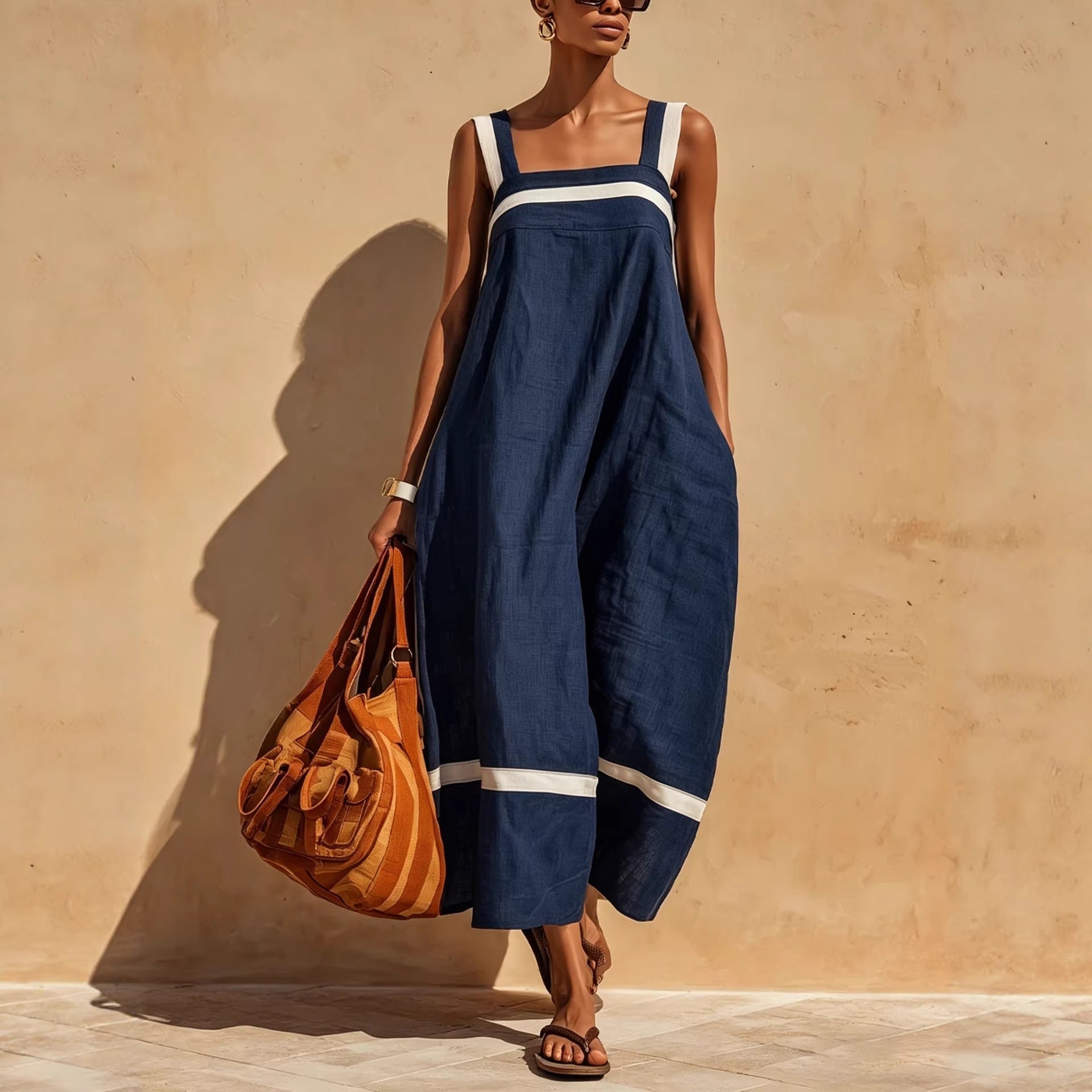 Strap Contrast-Color Womens Casual Loose Dress 