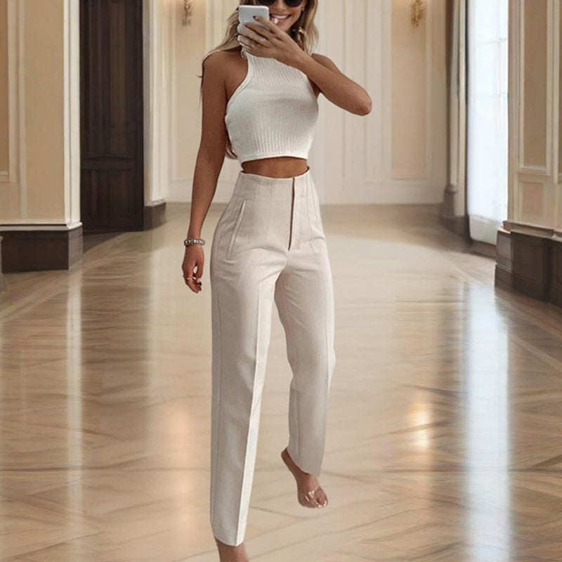 Women's High-Waisted Straight Leg Pants Casual Solid Color Pants With Button & Zipper Detail Comfortable Trousers With Pockets CJ US