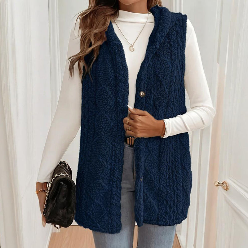 Women's Textured Sleeveless Hooded Vest, Button-Front Layering Piece For Fall & Winter Outfits CJ US