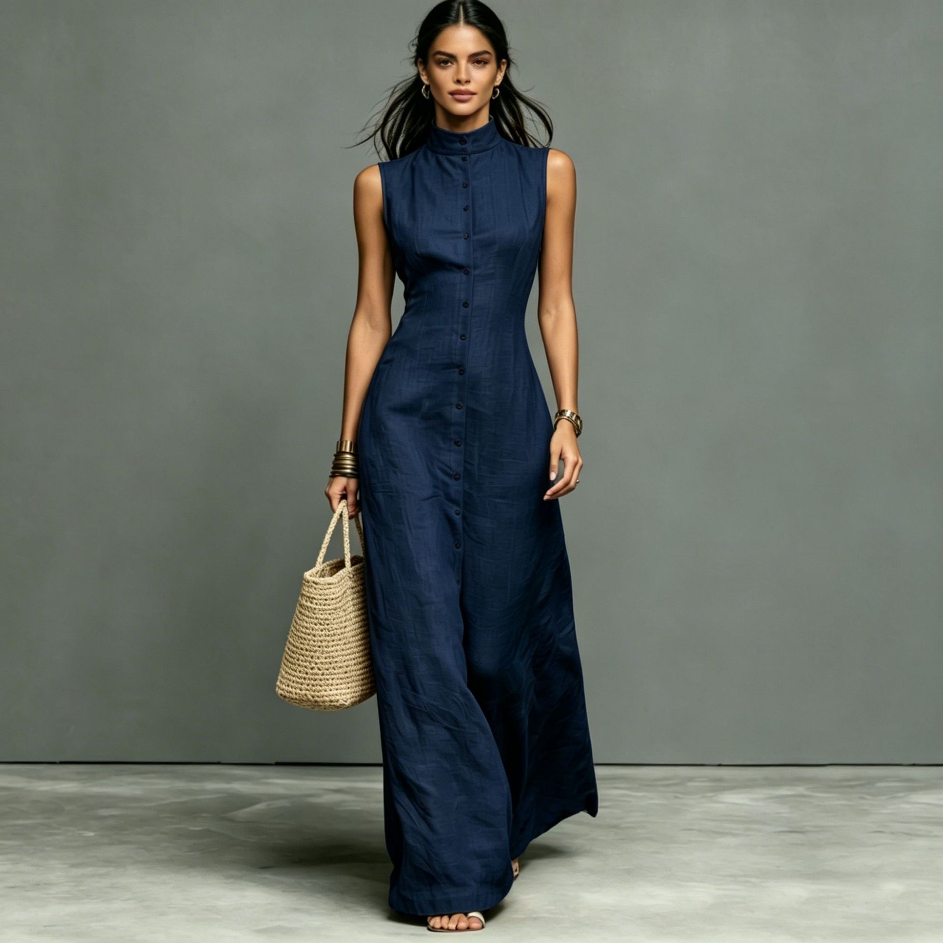 Blended Fabric Stand-up Collar Single-breasted Sleeveless Maxi Dress 