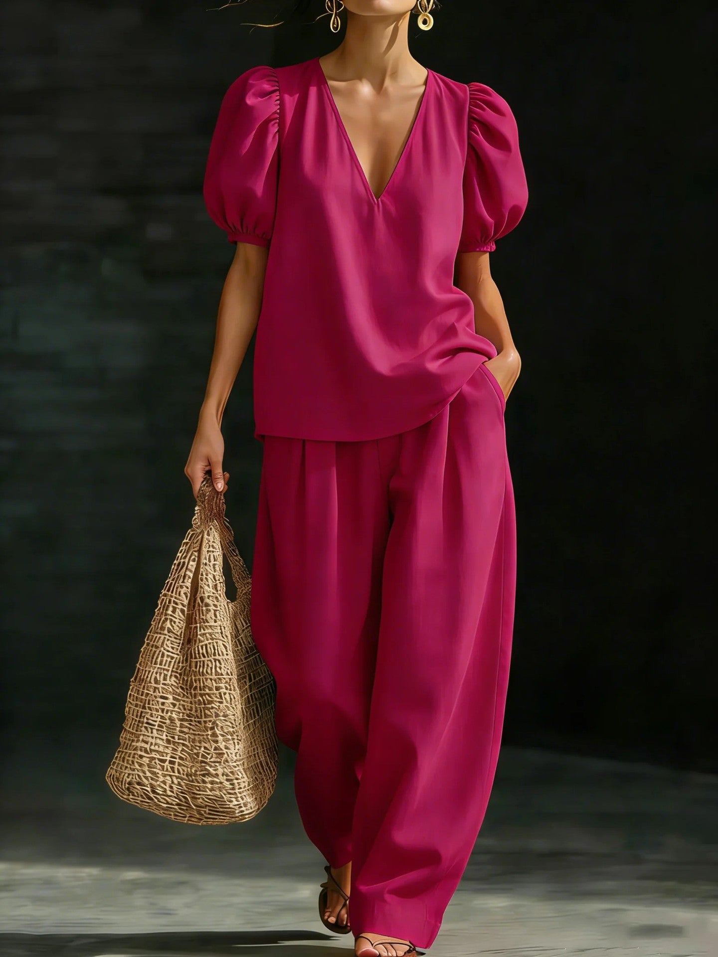 V-Neck Short-Sleeve Fashionable Casual Womens Set 