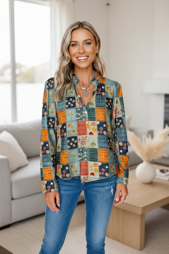 Retro Printed Chiffon Blouse Womens Textured Long-Sleeve Top 