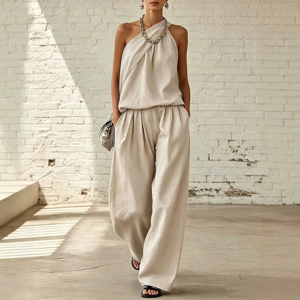 Cotton-linen Sleeveless Double-layer Top And Wide-leg Pants Set 