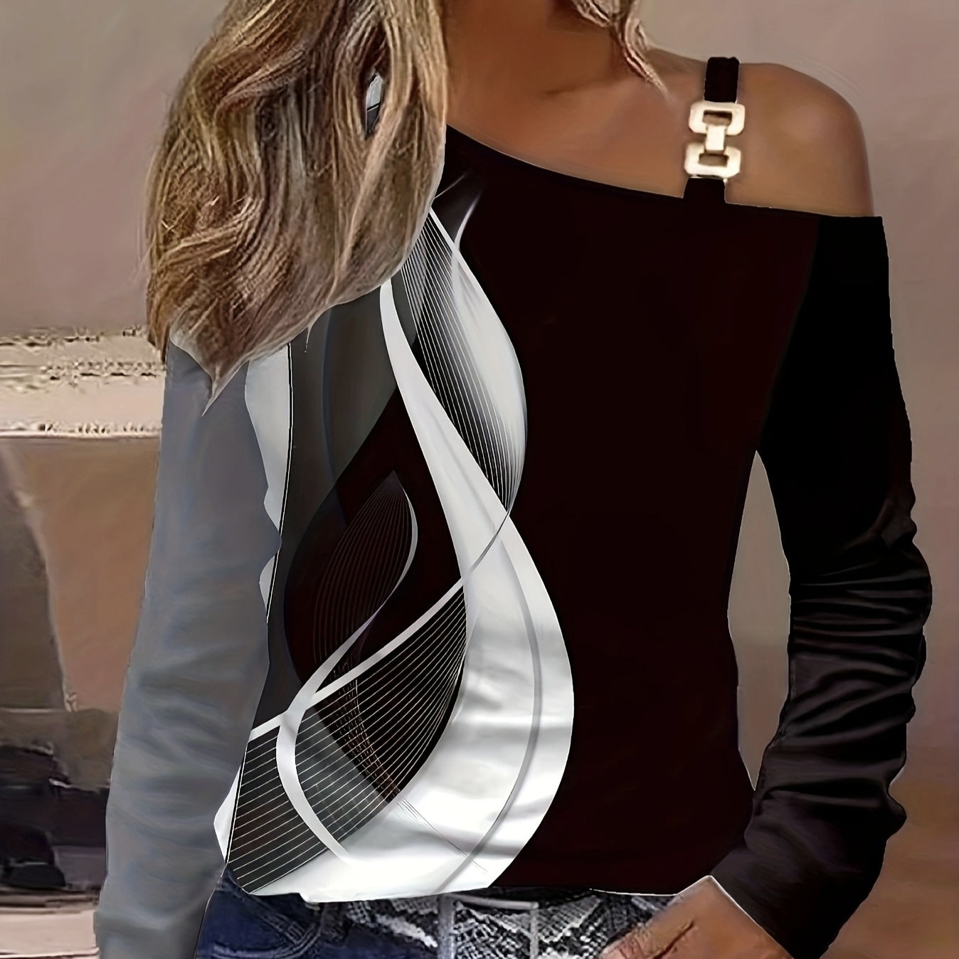Women's Asymmetrical Design Metal Buckle Shoulder Abstract Print Long Sleeved Autumn And Winter T-shirt CJ US