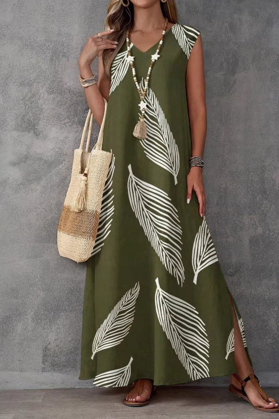 Summer Vacation Style Casual Printed V-Neck Dress 