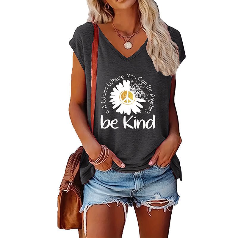 2-Pack Women's Floral T-Shirts Be Kind Wildflowers Graphic Print Casual V-Neck Tee Tops CJ