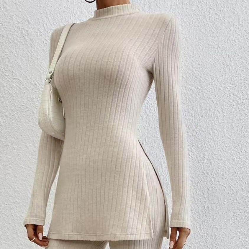 Women's Solid Color Set 2-piece Fashionable Ribbed V-neck Top And Pants Set Knitted CJ US