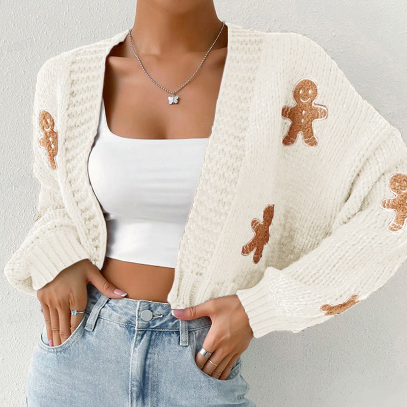 Gingerbread Man Knit Cardigan - Women's Solid V-Neck Ribbed Cuffed Short Sweater, Casual Spring Autumn Polyester Top 