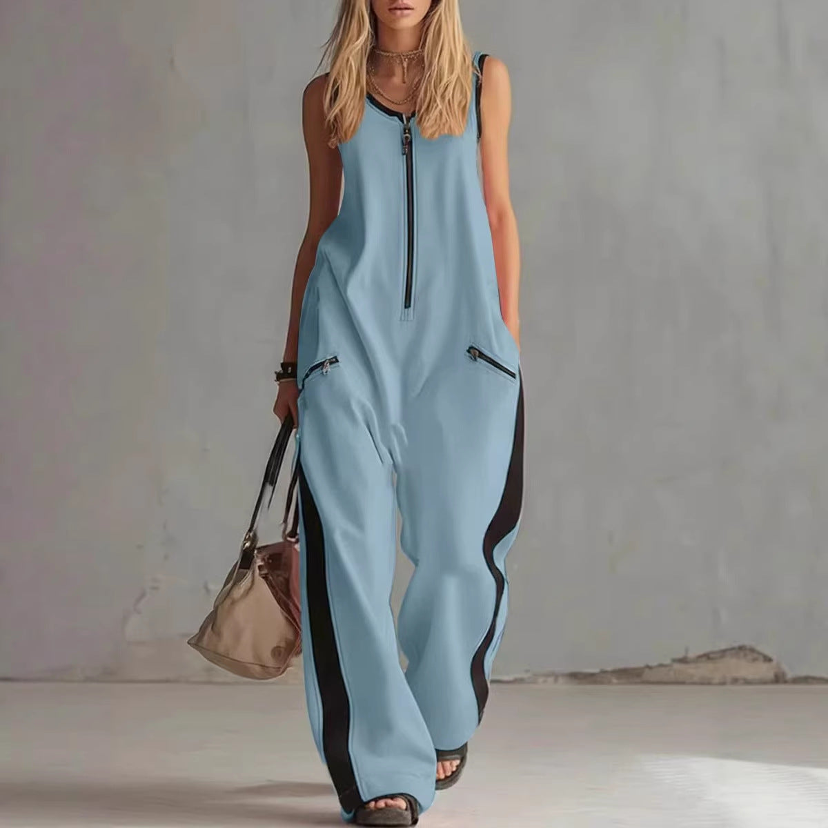 Zip-up Crewneck Sleeveless Casual Cotton Wide-leg Jumpsuit 