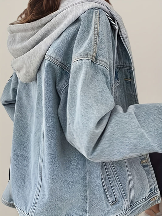 Women's Hooded Denim Jacket, Oversized Retro Denim Jacket, Elastic And Loose, Comfortable And Lightweight CJ US