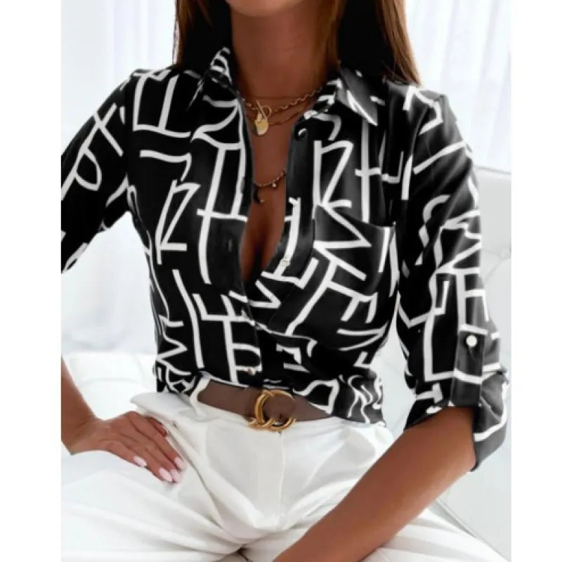 Women’s Printed Long-Sleeve Lapel Shirt | Casual Elegant Blouse 