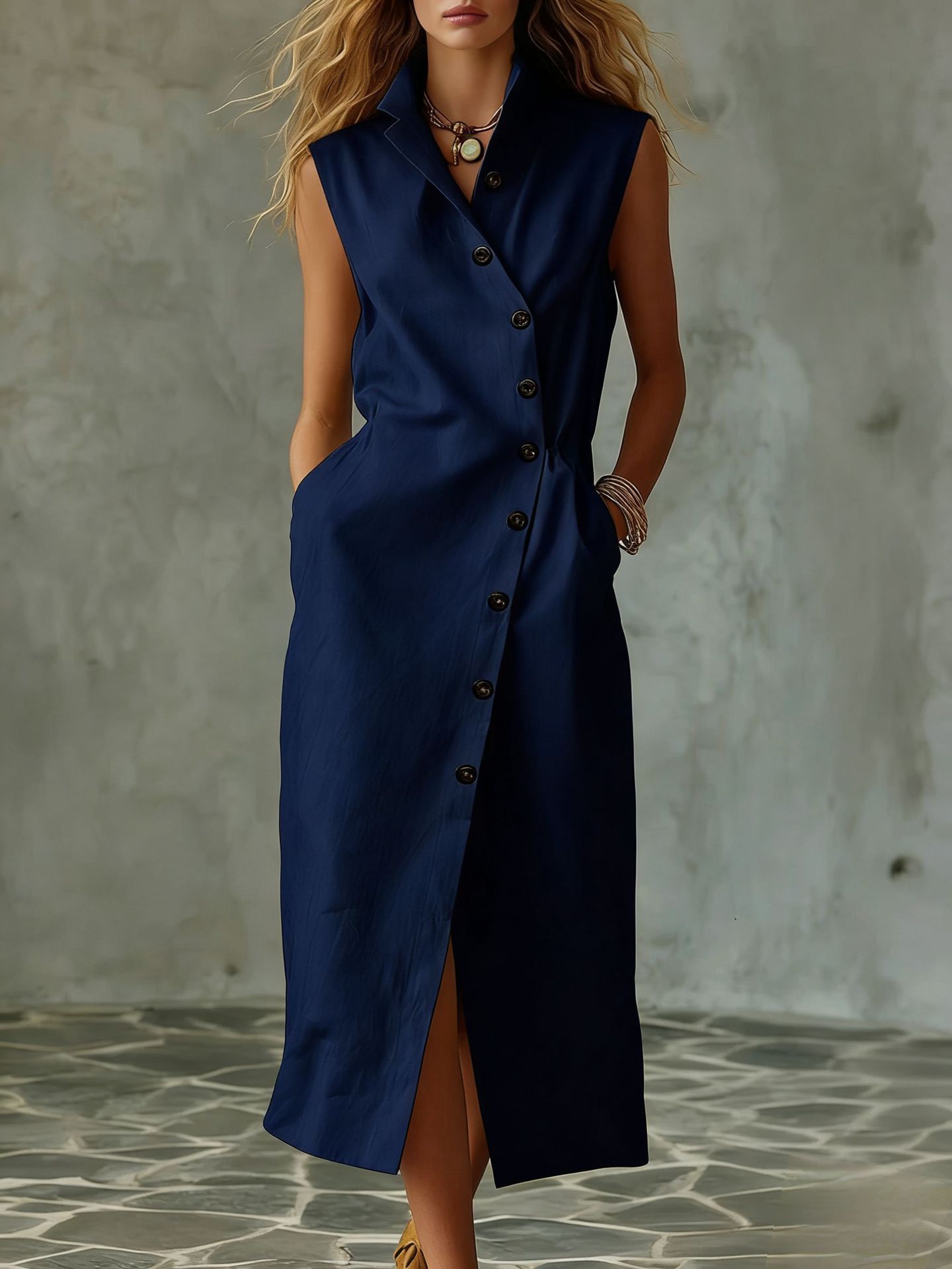 Slim-fit Elegant Single-breasted Dress With A Stand-up Collar For Women 