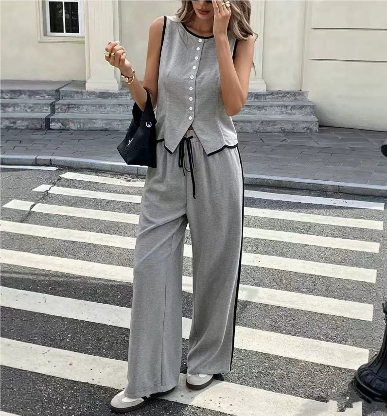 Women's Contrast Color Sleeveless Single-breasted Vest And Drawstring Trousers Suit 