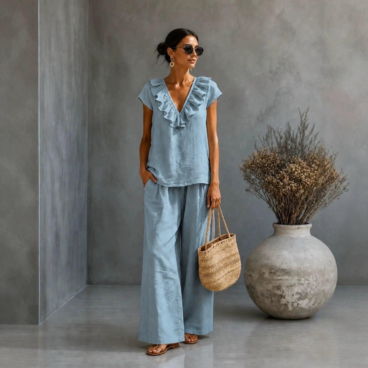 Women's V-neck Ruffled Hem Wide-leg Pants Set 