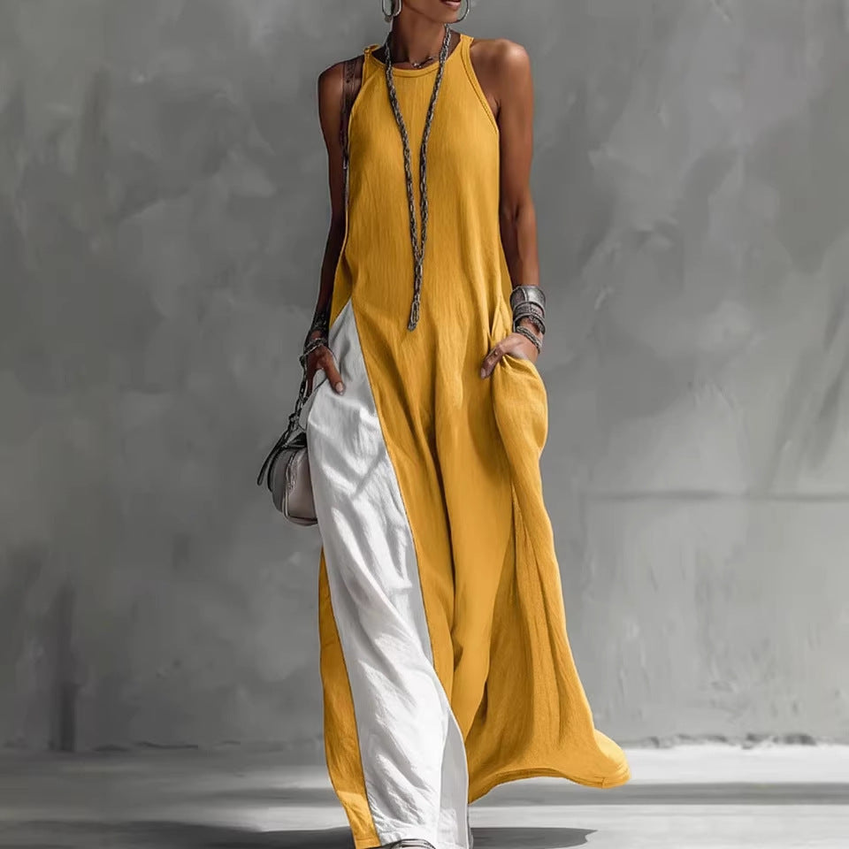 Sleeveless Loose Contrast Color Casual Off Shoulder Dress With Pockets 