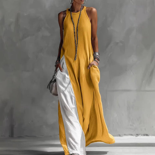 Sleeveless Loose Contrast Color Casual Off Shoulder Dress With Pockets 