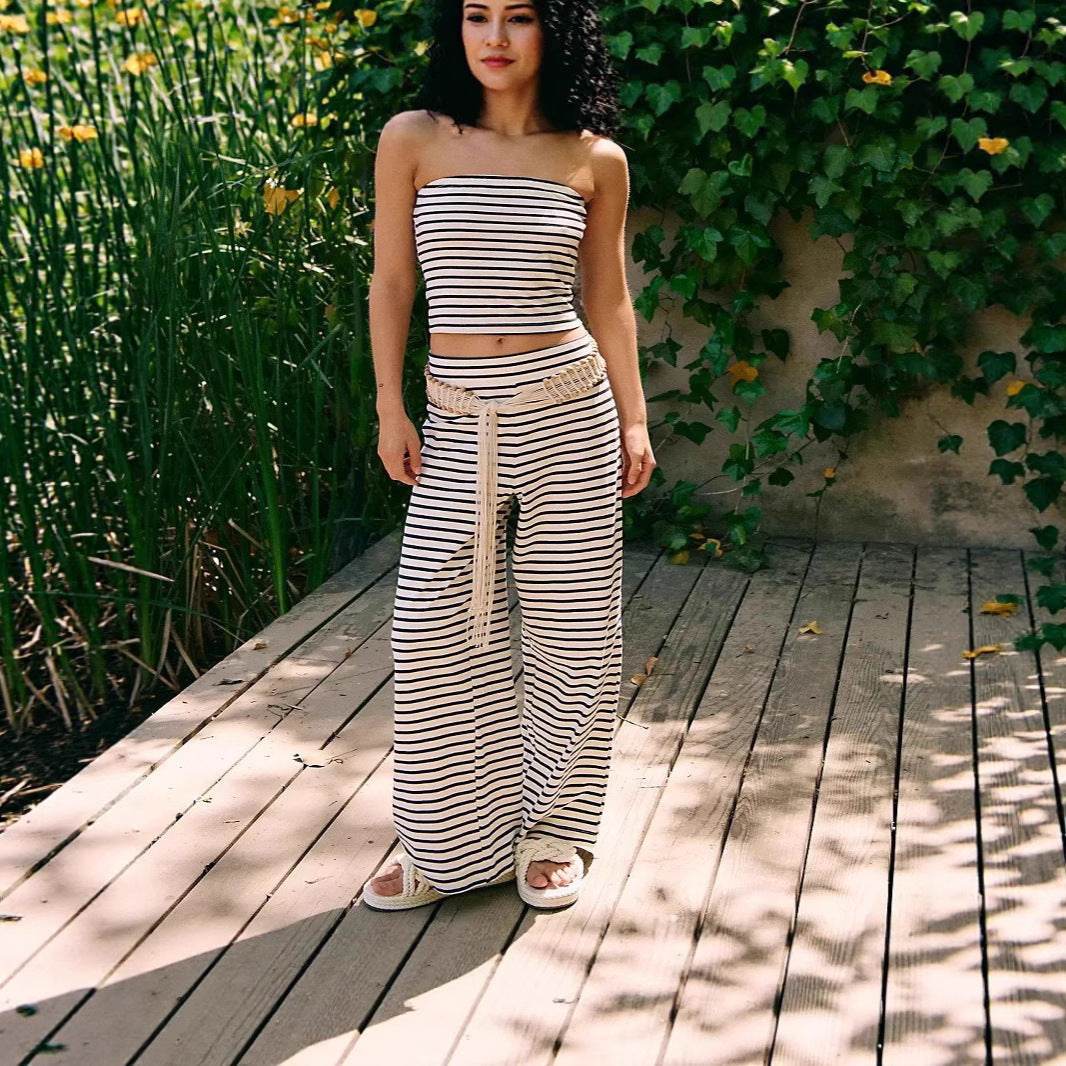 Printed Striped Tube Top And Pants Set 