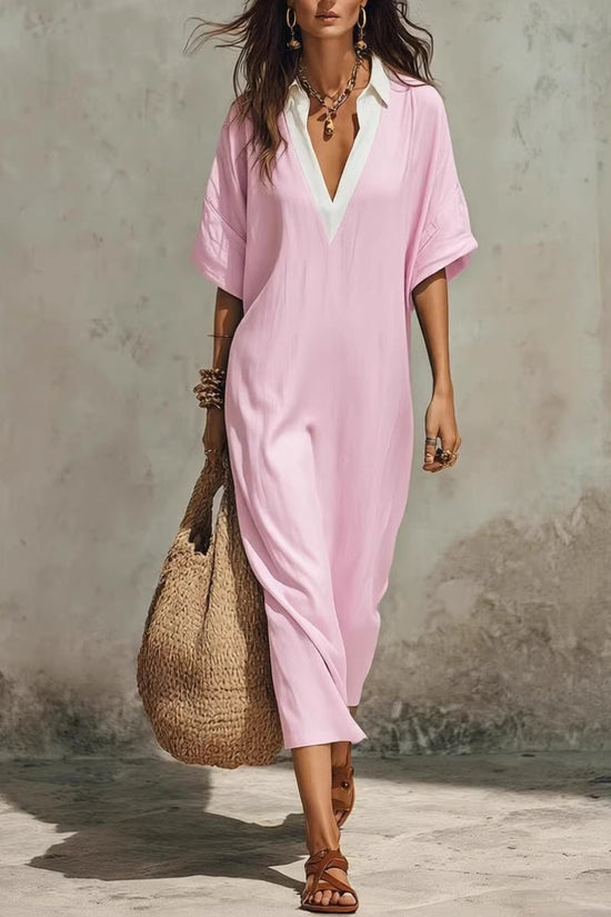 Cross-Border Casual Lazy-Style V-Neck Loose Cropped-Sleeve Dress Linen Texture Relaxed Vacation-Ready 