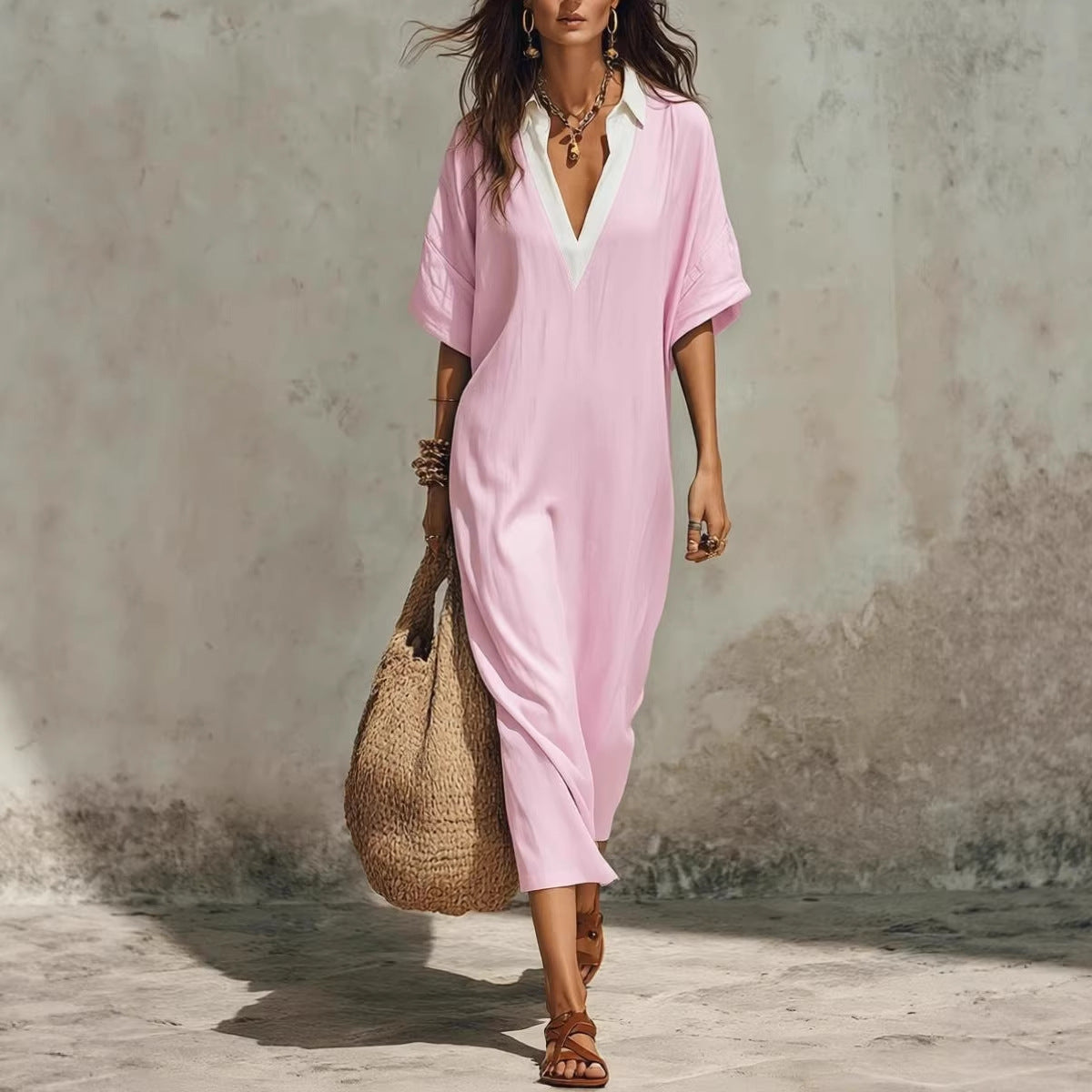 Cross-Border Casual Lazy-Style V-Neck Loose Cropped-Sleeve Dress Linen Texture Relaxed Vacation-Ready 